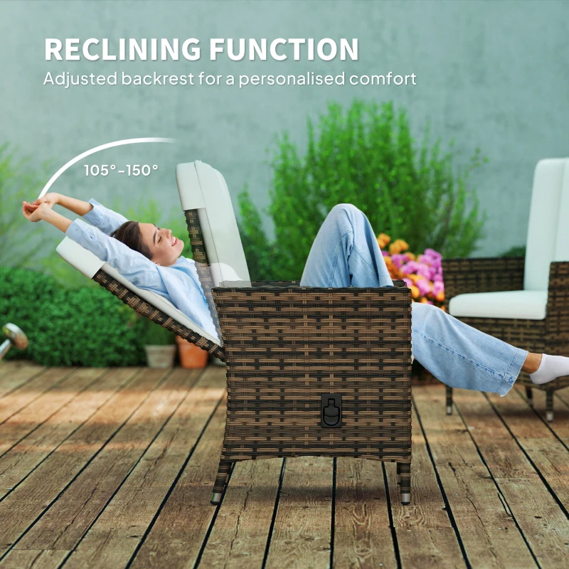 Outsunny Wicker Outdoor Recliner Chair, Wicker Reclining Patio Chair with Adjustable Backrest and Cushion, Cream White
