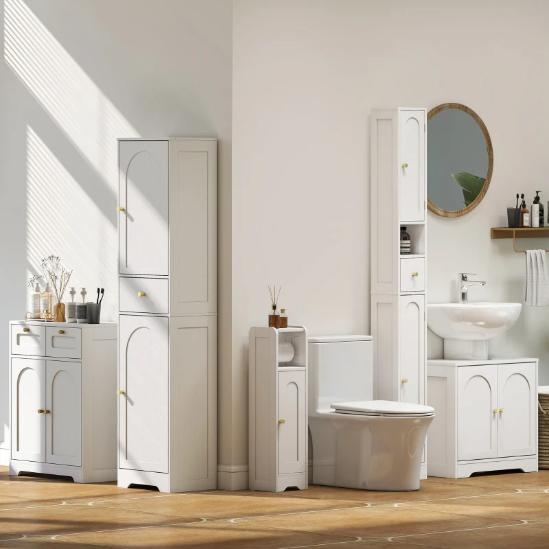 HOMCOM Tall Bathroom Cabinet, Modern Slim Bathroom Storage with Arched Doors, Drawer and Open Shelf, Narrow Storage, White