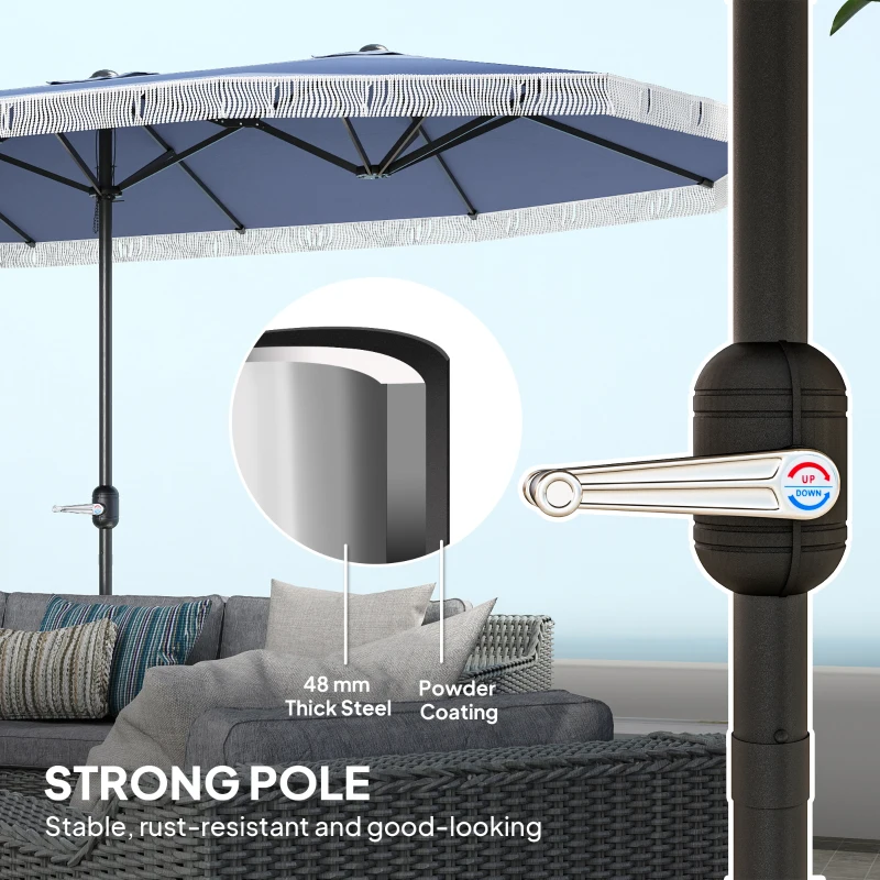 Outsunny 15ft Rectangle Patio Umbrella UPF30+ Extra Large Outdoor Umbrella with Fringe and Crank Handle, Dark Blue