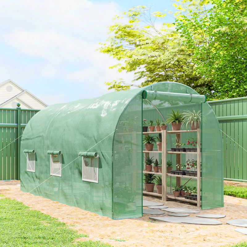 Outsunny 15' x 6.6' x 6.6' Walk-in Tunnel Greenhouse Garden Plant Seed Growing Warm House Outdoor Hot House w/ Roll Up Door, Windows, PE Cover Green