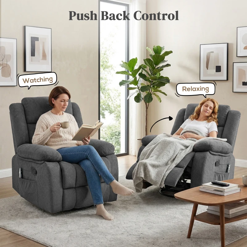 HOMCOM Recliner Massage Armchair with Heat, Oversized Swivel Rocker with Footrest, Remote and Side Pockets, Gray