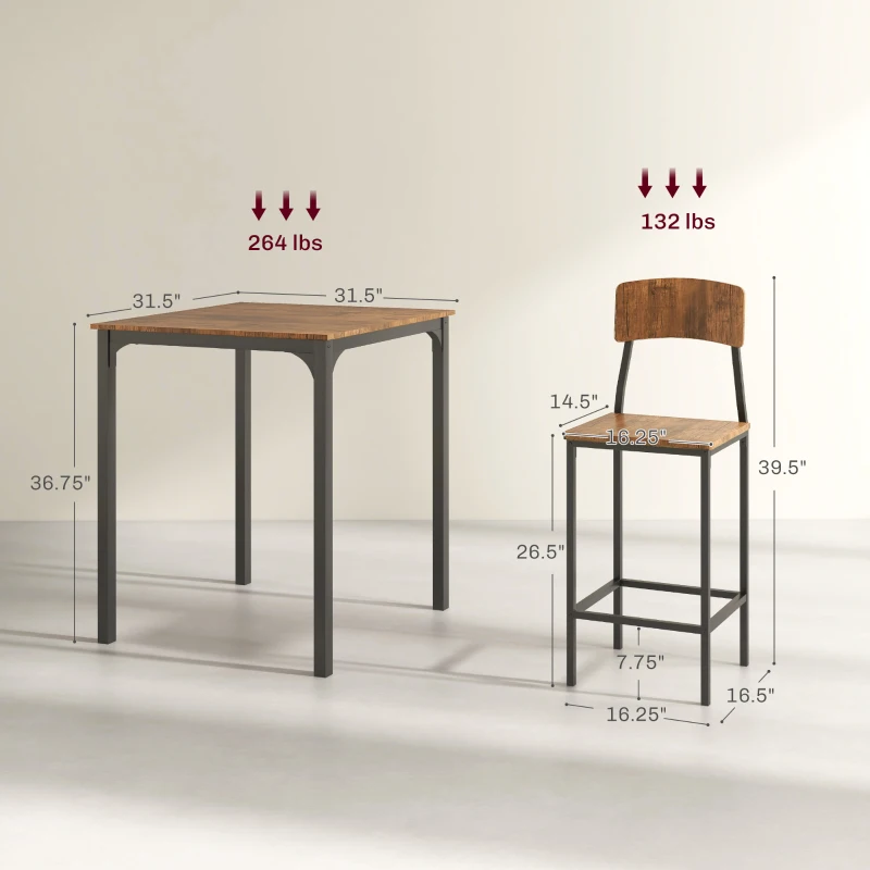 HOMCOM 3 Piece Pub Table and Chairs, Small Kitchen Table and Chairs, Square Dining Table with 2 Stools, Walnut and Black