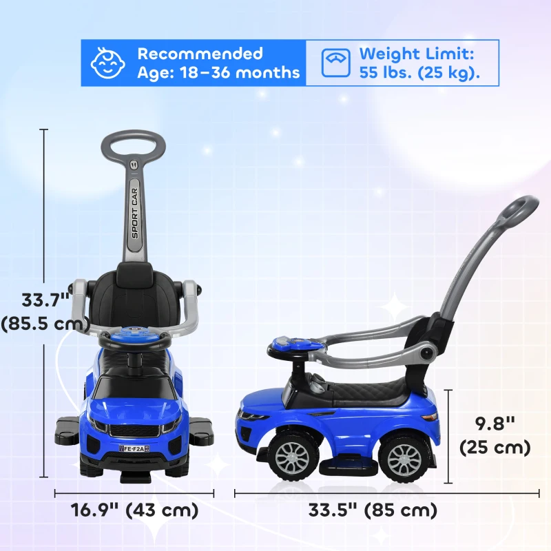 Aosom 3 in 1 Kid Ride on Push Car, Toddlers Sliding Walking Car, with Horn, Music, Light, Parent Control Handle, Secure Bar, Under Seat Storage, for Boy Girl 18-36 Months, Blue