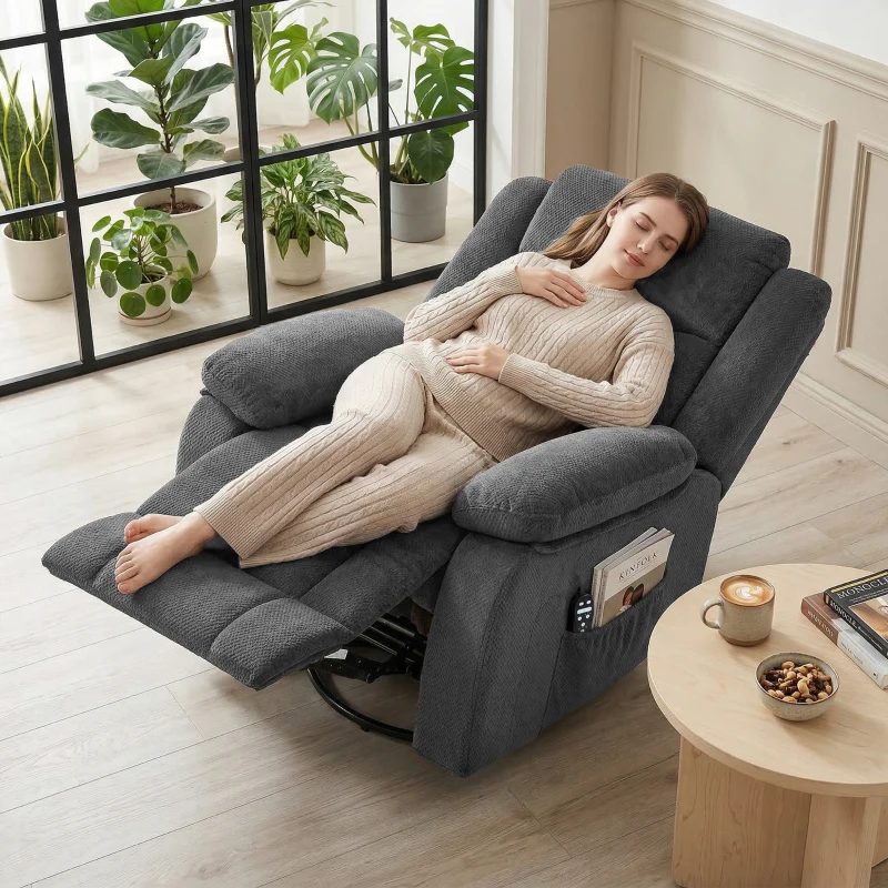 HOMCOM Recliner Massage Armchair with Heat, Oversized Swivel Rocker with Footrest, Remote and Side Pockets, Gray