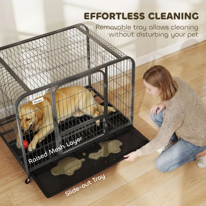 PawHut 43 Inch Heavy Duty Dog Crate, Extra Large Metal Dog Cage with Lockable Wheels and Removable Tray