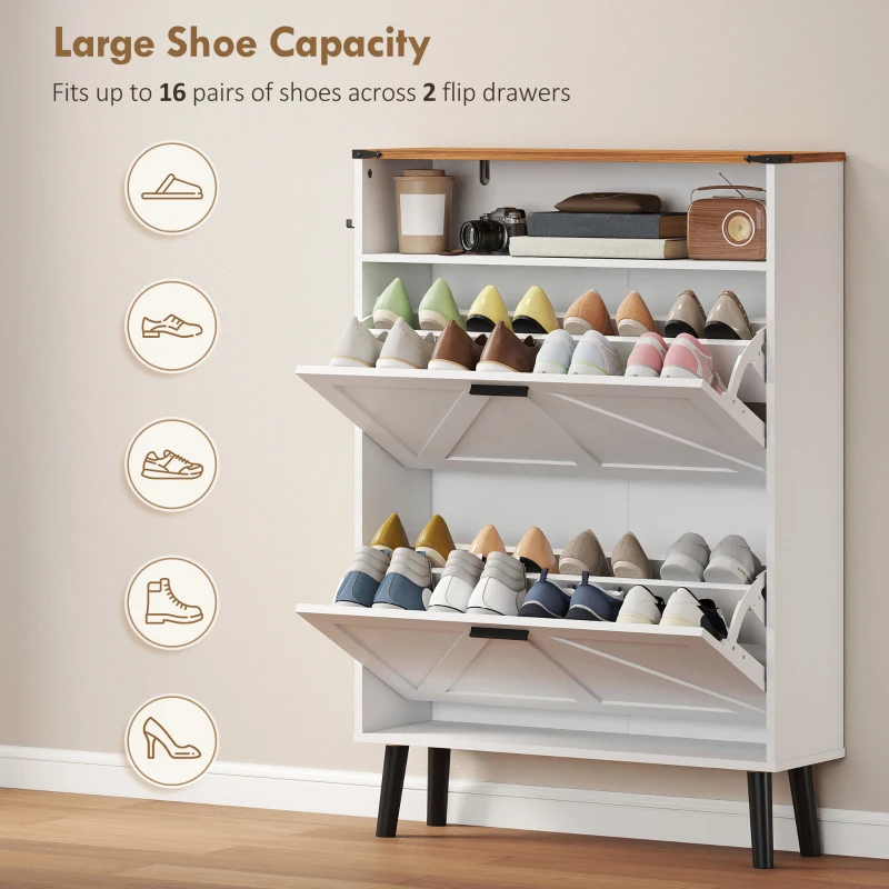 HOMCOM Shoe Storage Cabinet with 2 Flip Drawers, Farmhouse Narrow Shoe Cabinet, Holds Up to 16 Pairs, White