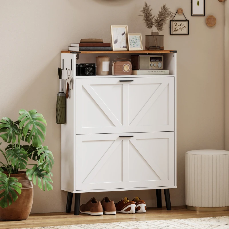 HOMCOM Shoe Storage Cabinet with 2 Flip Drawers, Farmhouse Narrow Shoe Cabinet, Holds Up to 16 Pairs, White