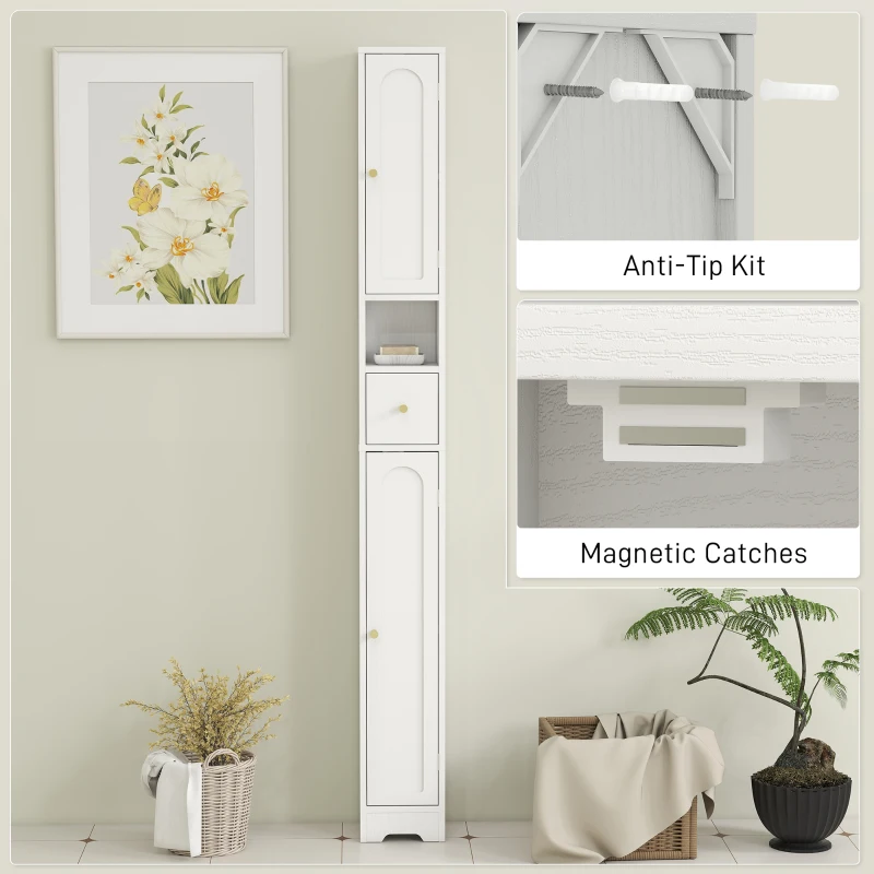 HOMCOM Tall Bathroom Cabinet, Modern Slim Bathroom Storage with Arched Doors, Drawer and Open Shelf, Narrow Storage, White