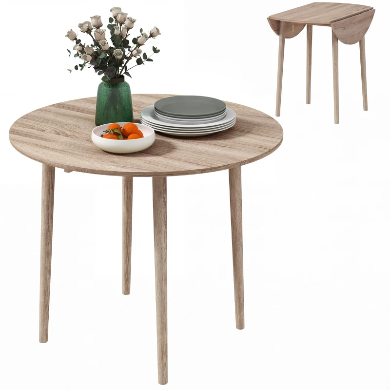 HOMCOM Folding Dining Table, Round Drop Leaf Kitchen Table for Small Spaces with Wood Legs, Oak Color