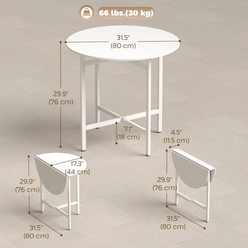 HOMCOM Drop Leaf Table, Folding Dining Table for Small Spaces 80 cm, White