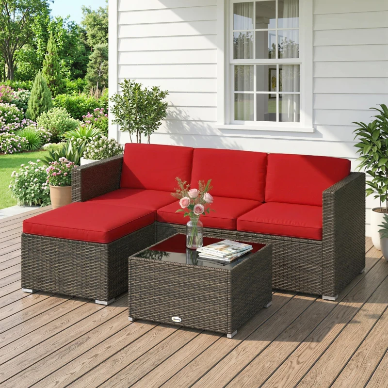 Outsunny 3 Pieces Patio Furniture Set with Cushions, Outdoor PE Rattan Wicker Conversation Corner Sofa Set with Glass Top Table