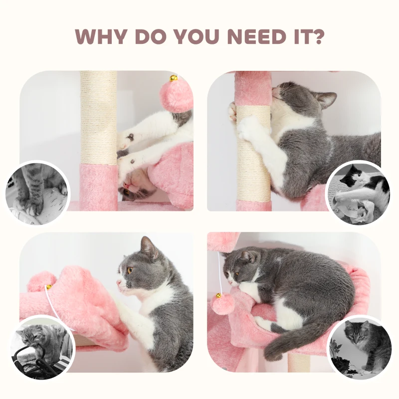 PawHut Cat Tree, 70" Multi-Level Cat Tower with 2 Condos, 2 Perches, Hammock, Toy Balls, Scratching Posts and Board, Pink