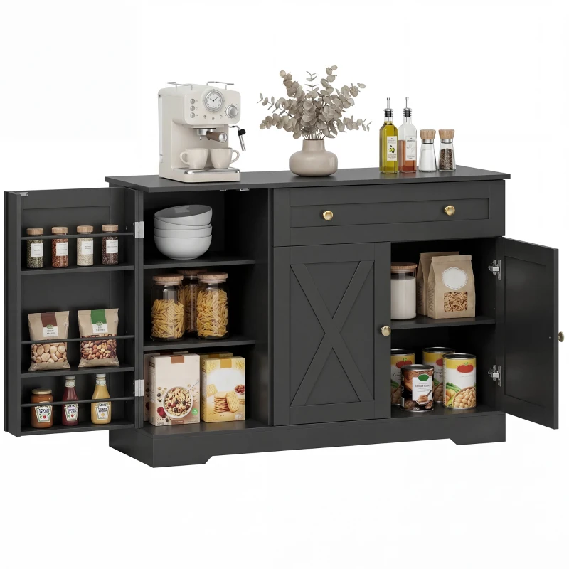 HOMCOM Sideboard Buffet Cabinet, Farmhouse Coffee Bar Cabinet with Door Shelves, Adjustable Shelves, Drawer, Barn Doors, Black