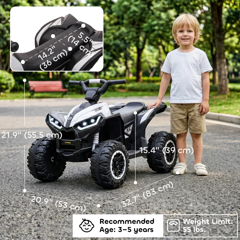 Aosom Kids 4 Wheeler Quad with Music, Headlights, High & Low Speed, Kids ATV for 3-5 Years Old Boys & Girl, White