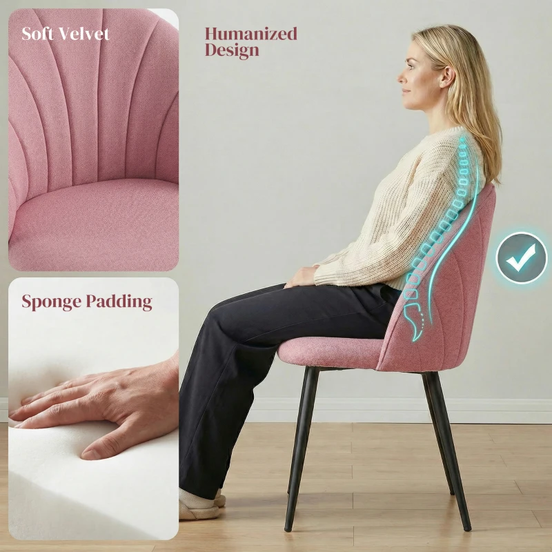 HOMCOM Modern Dining Chairs Set of 4, Upholstered Dining Room Chairs with Metal Legs, Shell Backrest, Padded Seat, Pink