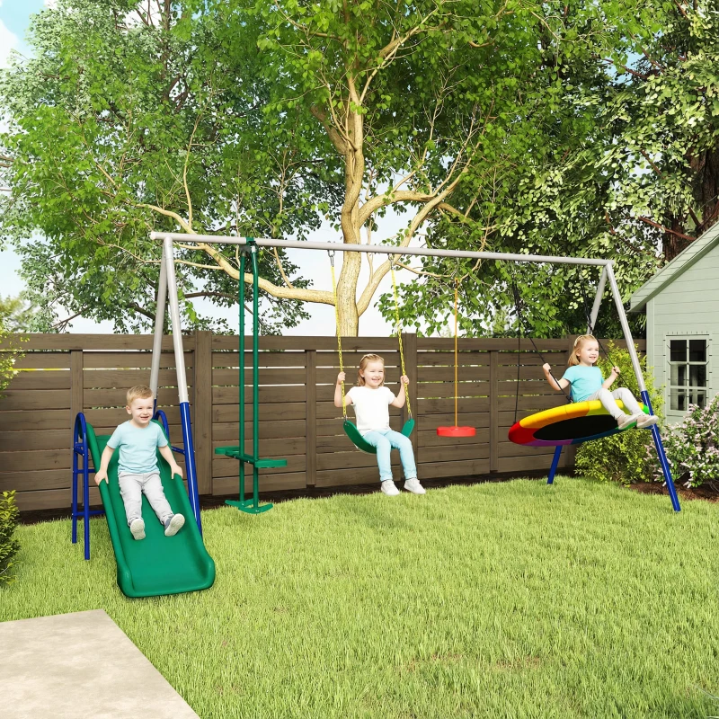 Qaba 5-in-1 Kids Swing Set with Slide, Swings and Glider for Backyard, 770lbs Capacity, for Ages 3-8, Multicolour