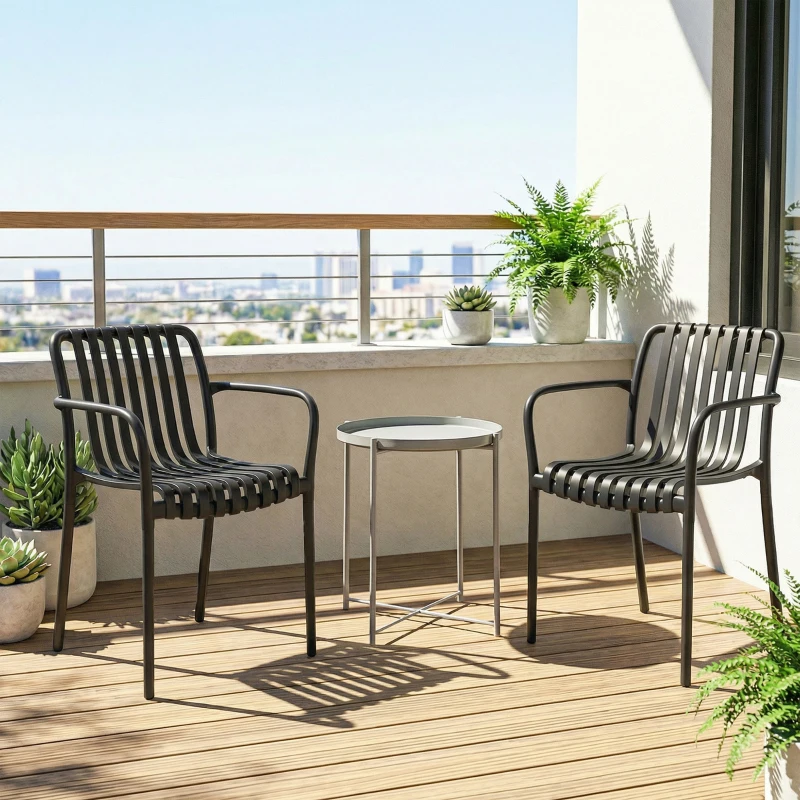 Outsunny Stackable Patio Chairs Set of 4, Outdoor Dining Chairs with Slatted Seat, Curved Backrest, Armrests, Black