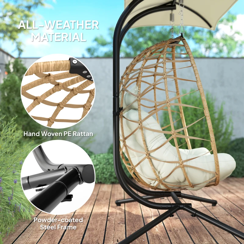 Outsunny Double Wicker Egg Swing Chair with Canopy, Foldable Hanging Egg Chair with Stand Cushion Headrest, Beige