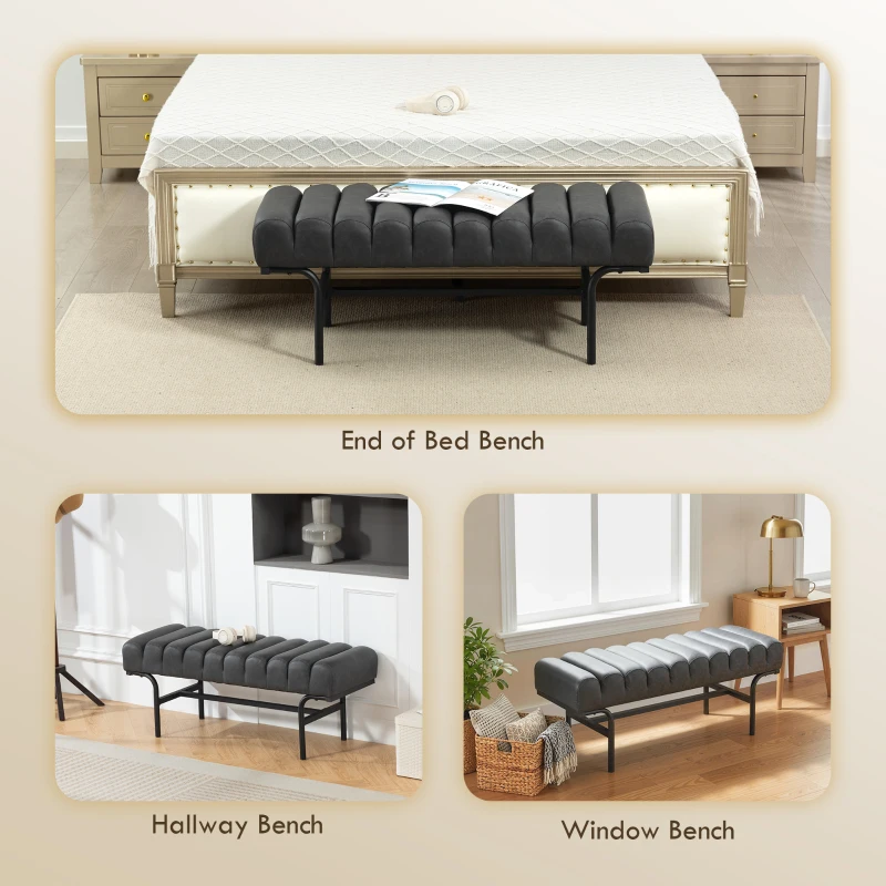 HOMCOM Bedroom Bench PU Leather End of Bed Bench with Cylindrical Seat and Metal Legs for Bedroom Living Room Hallway Black