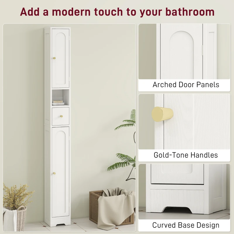 HOMCOM Tall Bathroom Cabinet, Modern Slim Bathroom Storage with Arched Doors, Drawer and Open Shelf, Narrow Storage, White