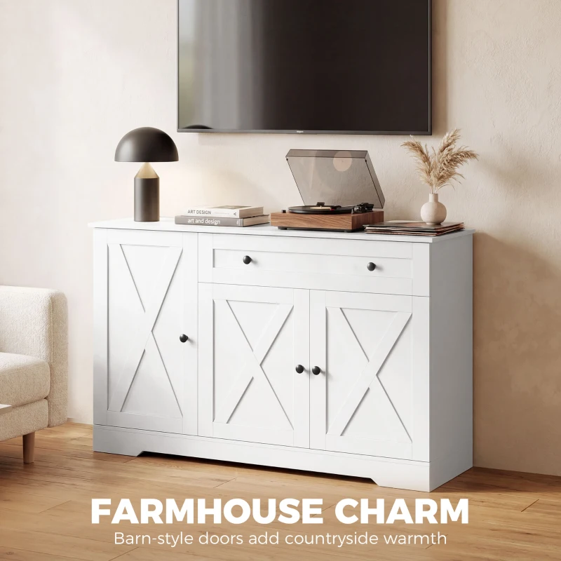 HOMCOM Sideboard Buffet Cabinet, Farmhouse Coffee Bar Cabinet with Door Shelves, Adjustable Shelves, Drawer, Barn Doors, White