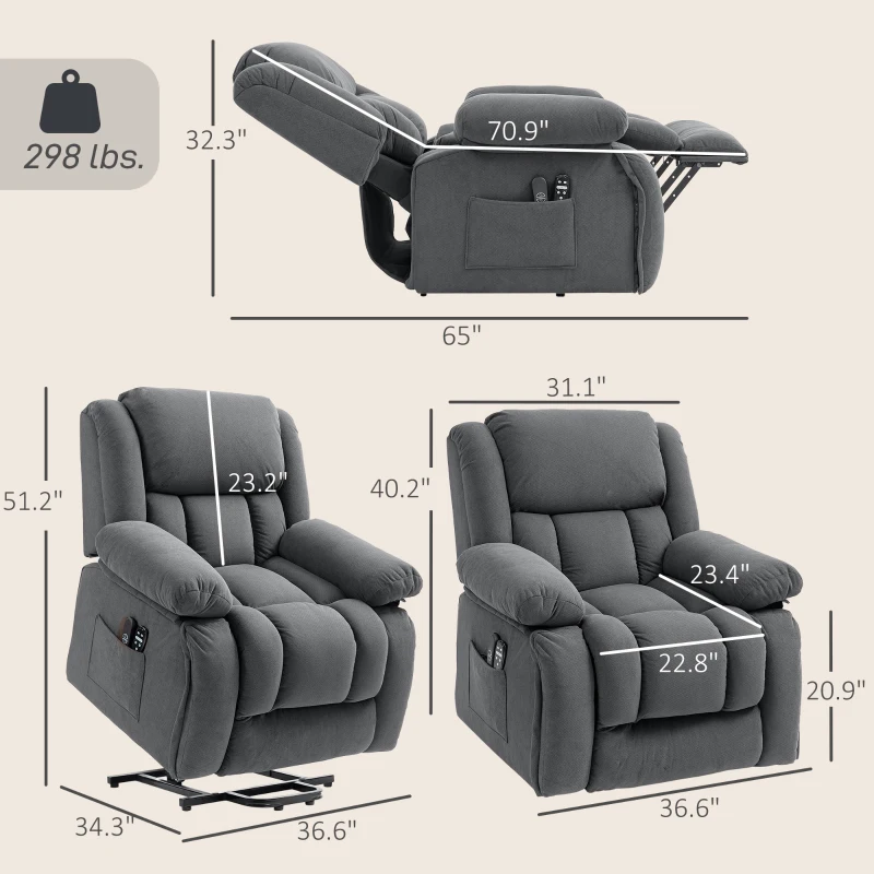 HOMCOM Overstuffed Power Lift Recliner Chair with Vibration Massage and Heat, Side Pockets, Pocket Spring, for Adults, Gray