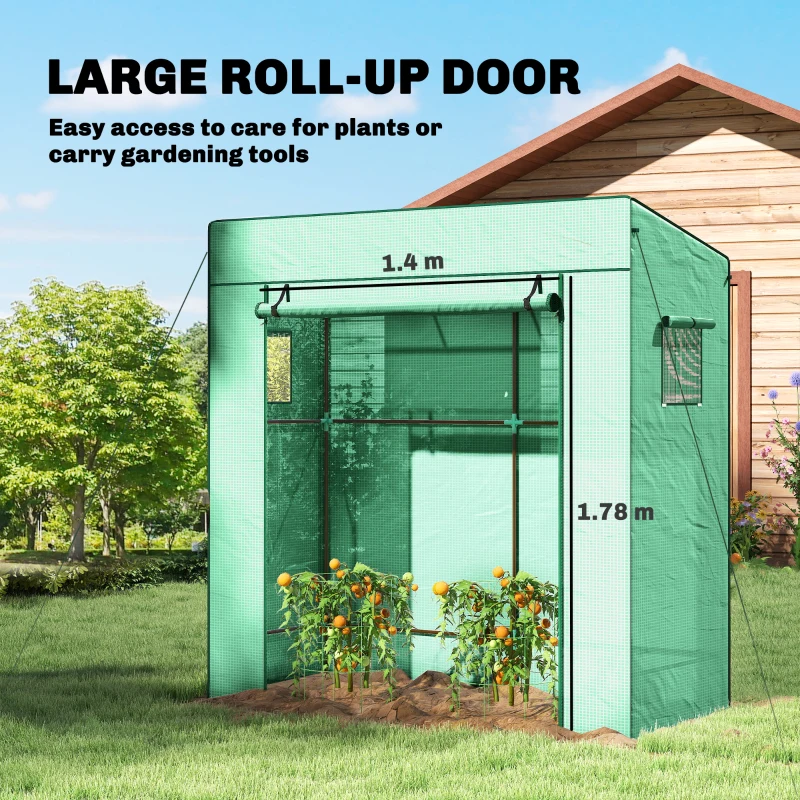 Outsunny Walk-in Tomato Greenhouse Lean-to Green House with Reinforced PE Cover, Roll-up Door, Mesh Windows, Green