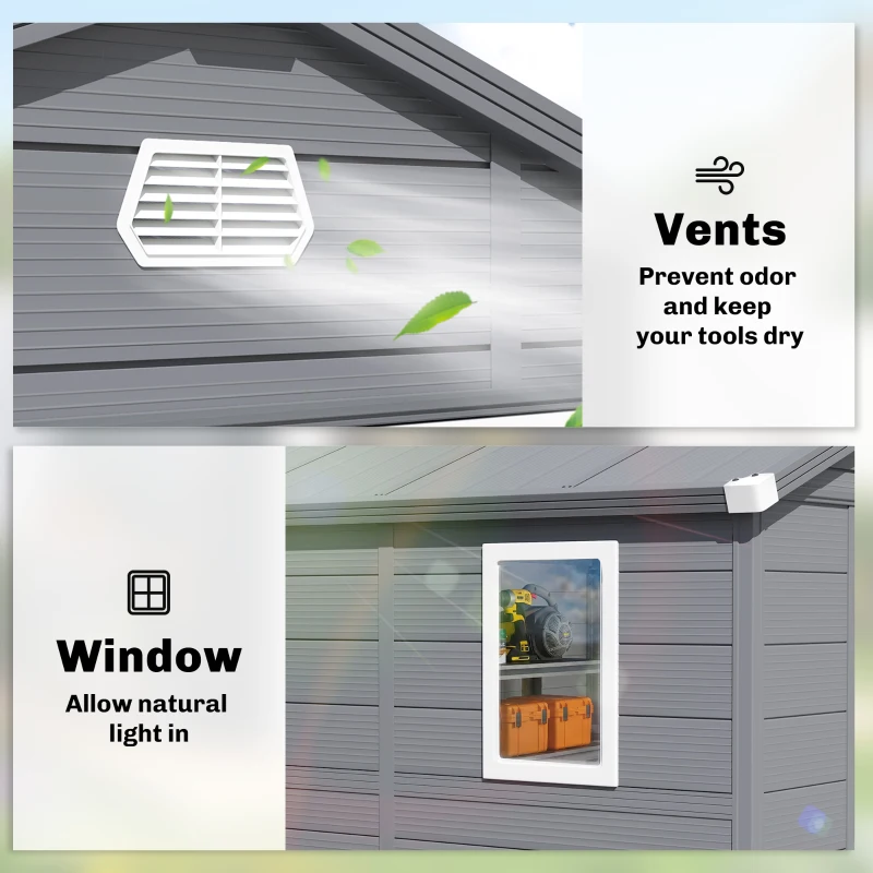 Outsunny 8' x 6' Plastic Garden Storage Shed with Latch Door, Vents, Sloped Roof, Dark Grey