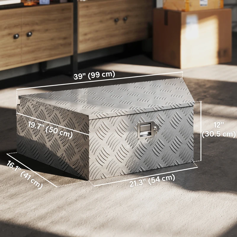 HOMCOM 39" Trapezoid Truck Tool Box Heavy Duty Aluminum Trailer Tongue Box with Lock and Keys for Pick Up Truck RV Trailer