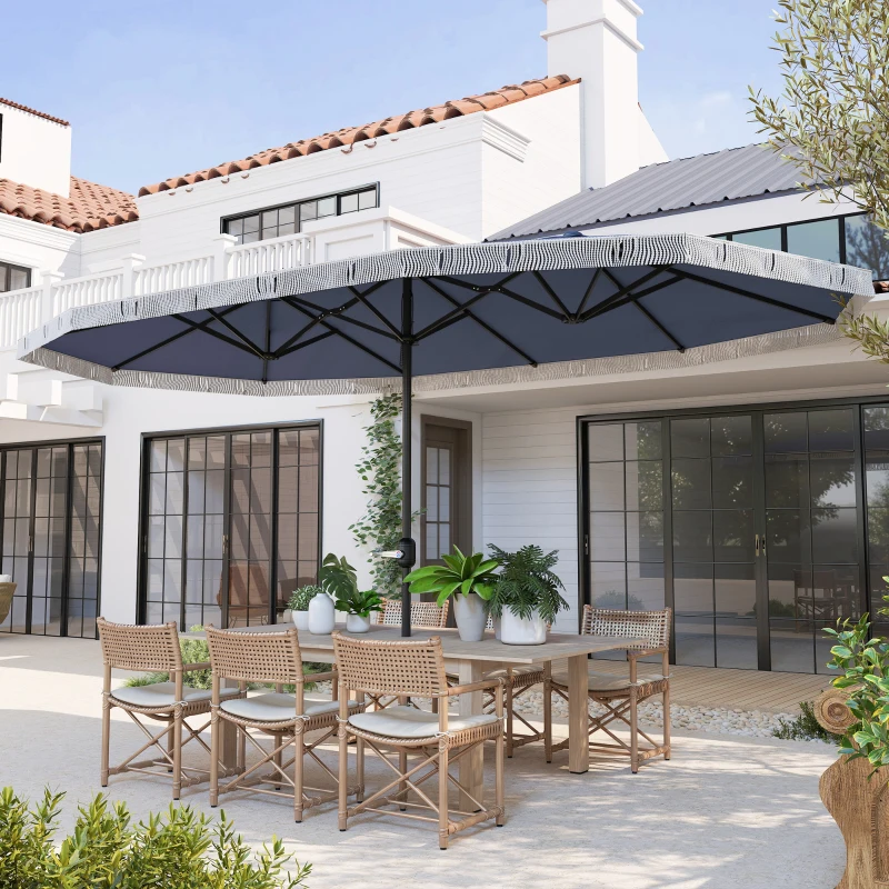 Outsunny 15ft Rectangle Patio Umbrella UPF30+ Extra Large Outdoor Umbrella with Fringe and Crank Handle, Dark Blue