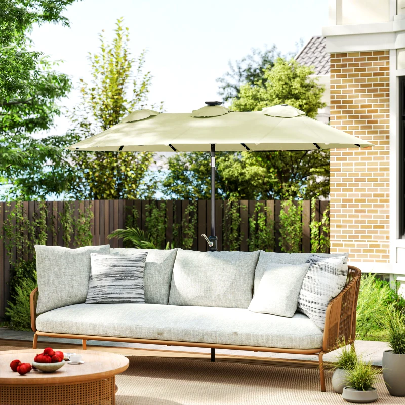 Outsunny Double-sided Patio Umbrella, 9.7' Outdoor Umbrella with Tilt and Crank, LED Solar Light and 12 Ribs, Cream White