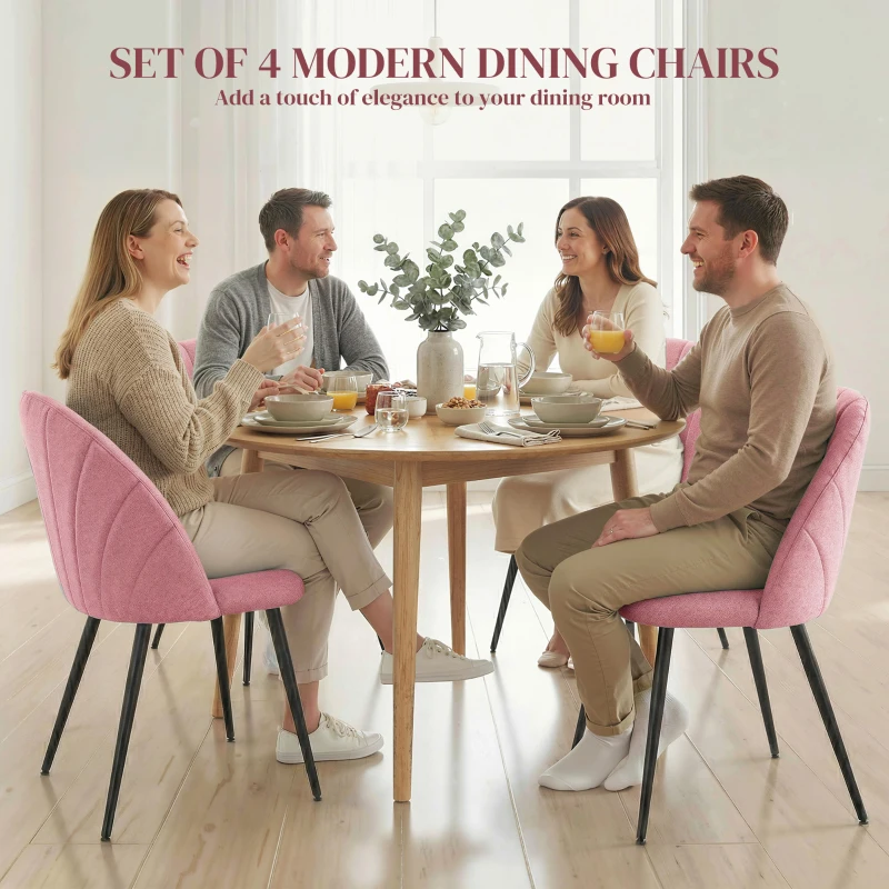 HOMCOM Modern Dining Chairs Set of 4, Upholstered Dining Room Chairs with Metal Legs, Shell Backrest, Padded Seat, Pink