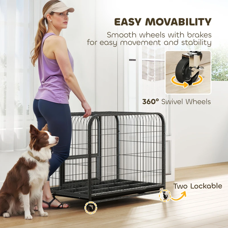 PawHut 37 Inch Heavy Duty Dog Crate, Large Metal Dog Cage with Lockable Wheels and Removable Tray