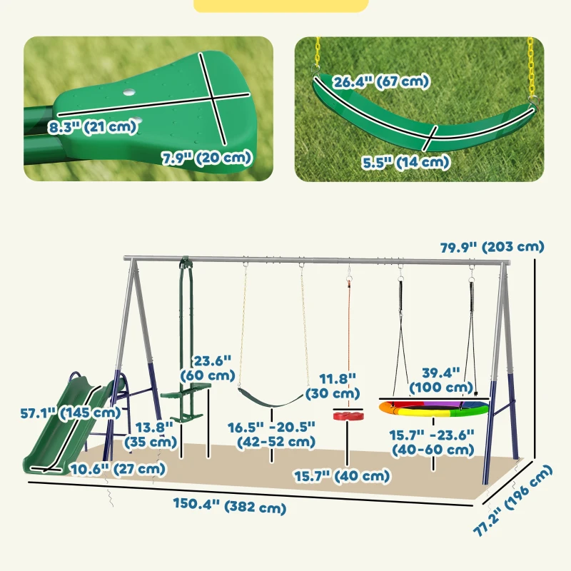 Qaba 5-in-1 Kids Swing Set with Slide, Swings and Glider for Backyard, 770lbs Capacity, for Ages 3-8, Multicolour