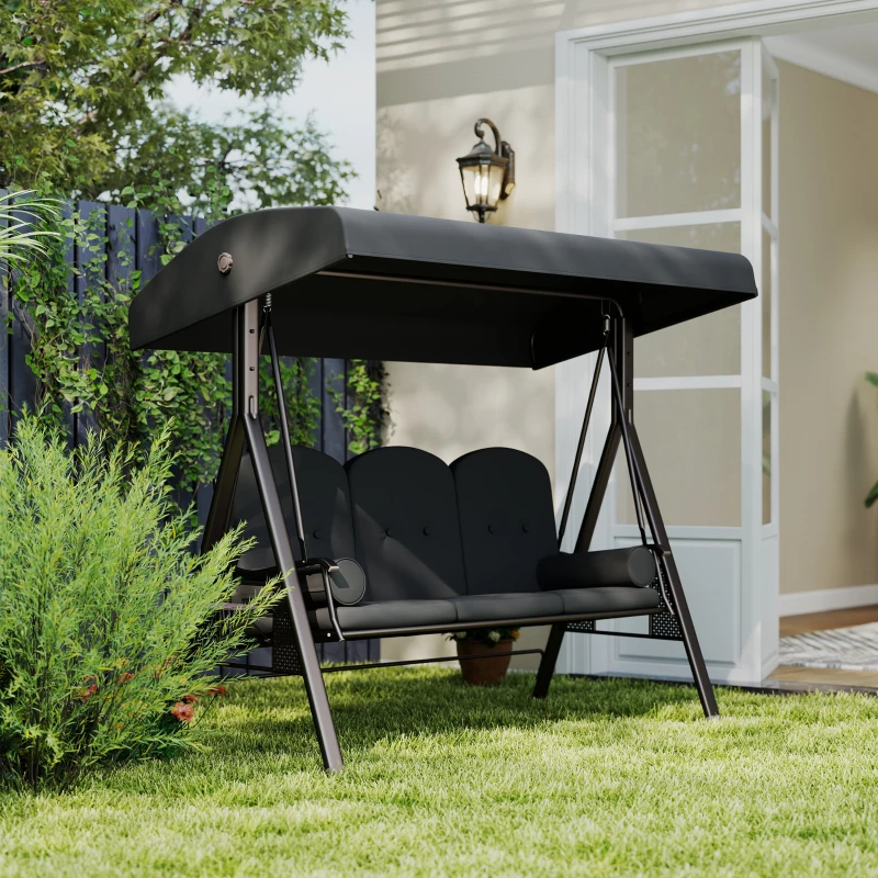 Outsunny Outdoor Patio 3-Person Steel Canopy Cushioned Seat Bench Swing with Included Side Trays & Padded Comfort, Dark Grey