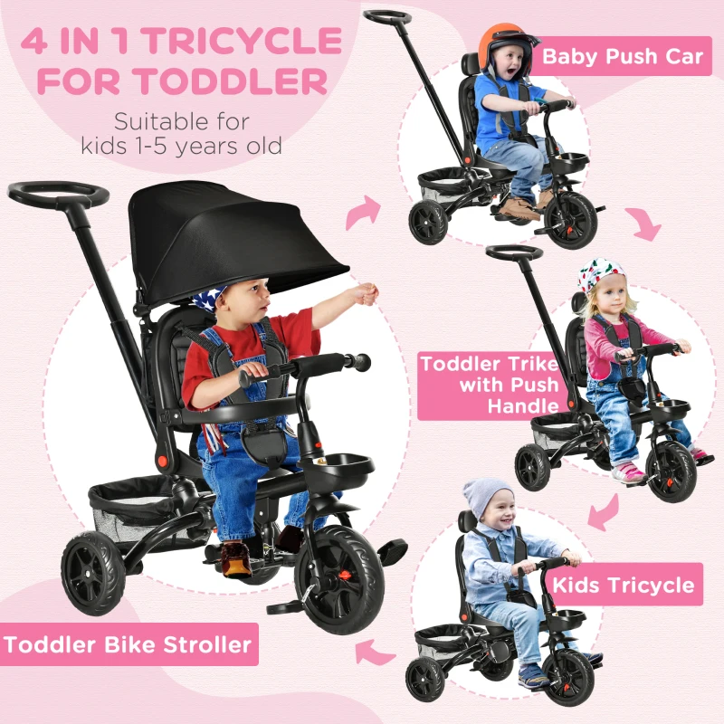 Qaba Kids Tricycle, 4 in 1 Foldable Trike with Reversible Seat, Adjustable Parent Handle, Safety Harness, Wheel Brakes, Removable Canopy, Storage, Tricycle for Toddlers 1-5 Years, Black