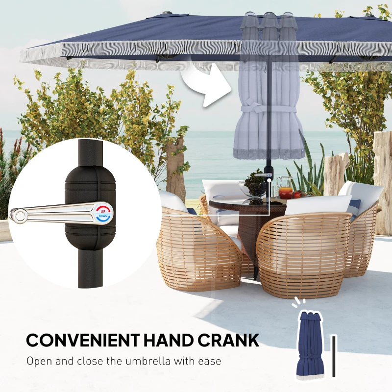 Outsunny 15ft Rectangle Patio Umbrella UPF30+ Extra Large Outdoor Umbrella with Fringe and Crank Handle, Dark Blue