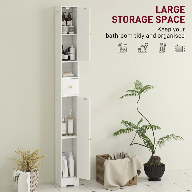 HOMCOM Tall Bathroom Cabinet, Modern Slim Bathroom Storage with Arched Doors, Drawer and Open Shelf, Narrow Storage, White