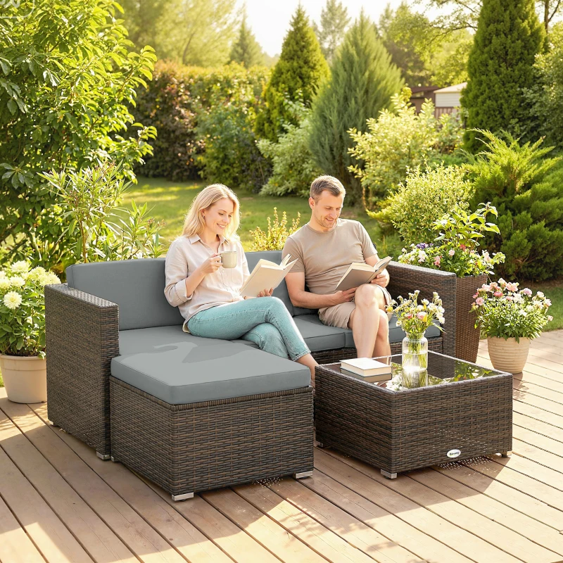 Outsunny 3 Pieces Patio Furniture Set with Cushions, Outdoor PE Rattan Wicker Conversation Corner Sofa Set with Glass Top Table