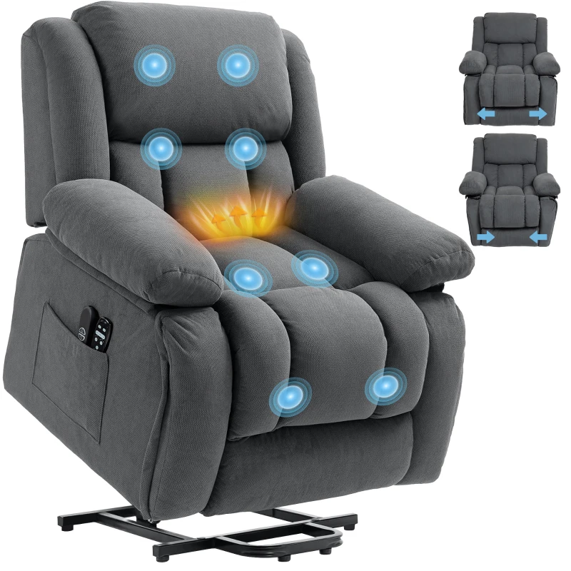 HOMCOM Overstuffed Power Lift Recliner Chair with Vibration Massage and Heat, Side Pockets, Pocket Spring, for Adults, Gray