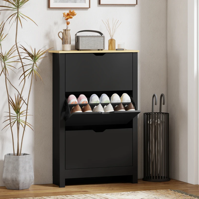 HOMCOM Shoe Storage Cabinet with 3 Flip Drawers and Adjustable Shelves for 12-18 Pairs of Shoes, Black