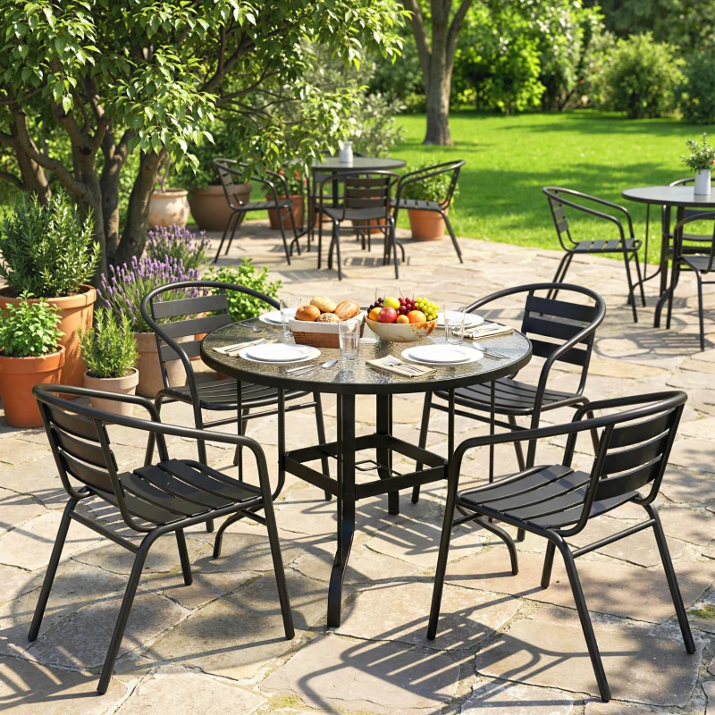 Outsunny 38" Round Patio Table with Umbrella Hole, Tempered Glass Outdoor Dining Table, Black