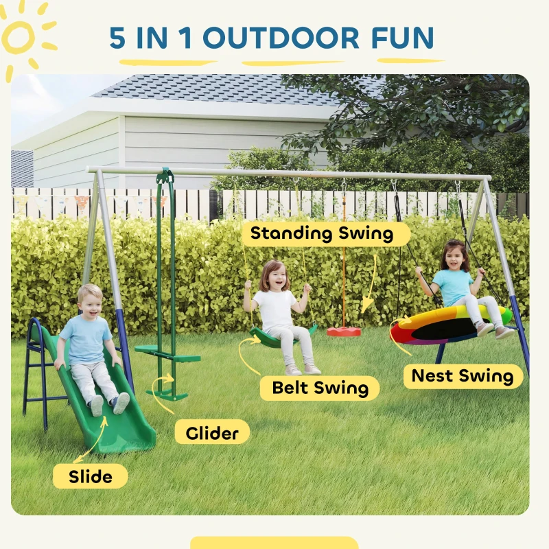 Qaba 5-in-1 Kids Swing Set with Slide, Swings and Glider for Backyard, 770lbs Capacity, for Ages 3-8, Multicolour
