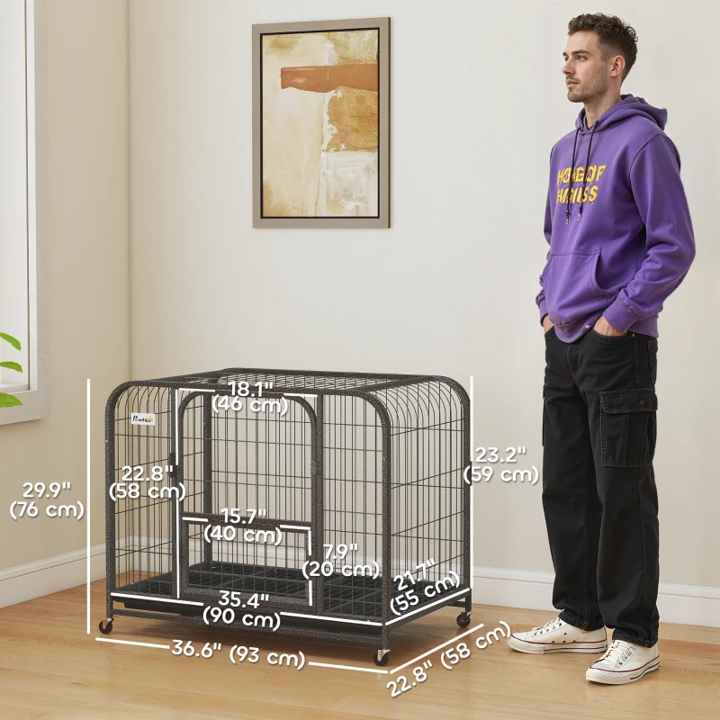 PawHut 37 Inch Heavy Duty Dog Crate, Large Metal Dog Cage with Lockable Wheels and Removable Tray