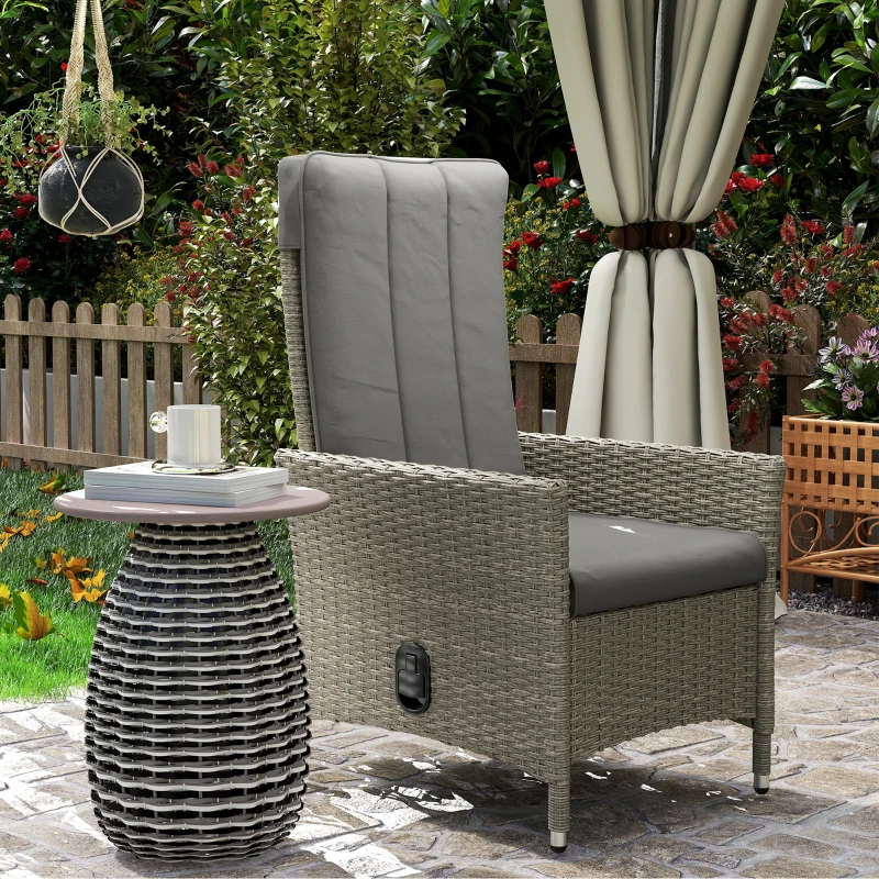 Outsunny Wicker Outdoor Recliner Chair, Wicker Reclining Patio Chair with Adjustable Backrest and Cushion, Grey