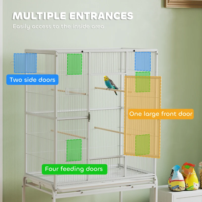 PawHut 64" Large Rolling Bird Cage Bird House with Detachable Rolling Stand, Storage Shelf, Wood Perch Food Container, White