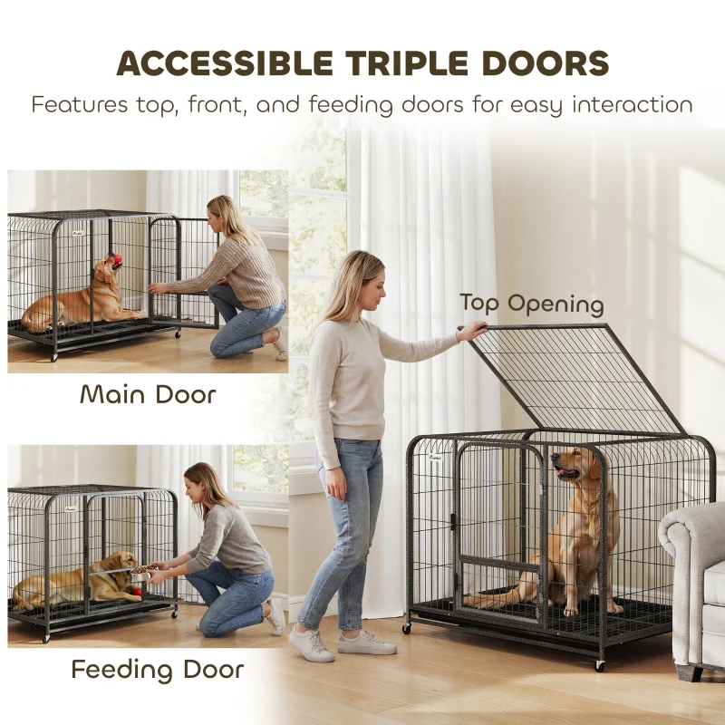 PawHut 43 Inch Heavy Duty Dog Crate, Extra Large Metal Dog Cage with Lockable Wheels and Removable Tray