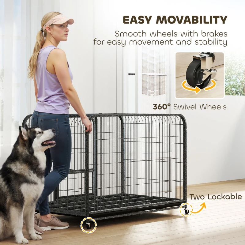 PawHut 48 Inch Heavy Duty Dog Crate, Large Metal Dog Cage with Lockable Wheels and Removable Tray