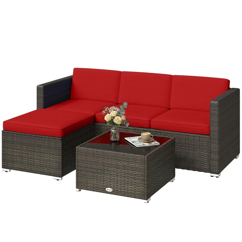 Outsunny 3 Pieces Patio Furniture Set with Cushions, Outdoor PE Rattan Wicker Conversation Corner Sofa Set with Glass Top Table