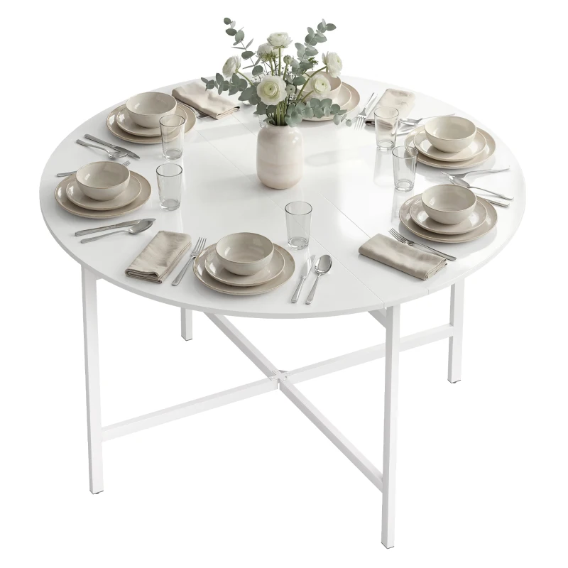 HOMCOM Folding Dining Table for 3-6 People, 47" Round Drop Leaf Kitchen Table with Steel Frame, White